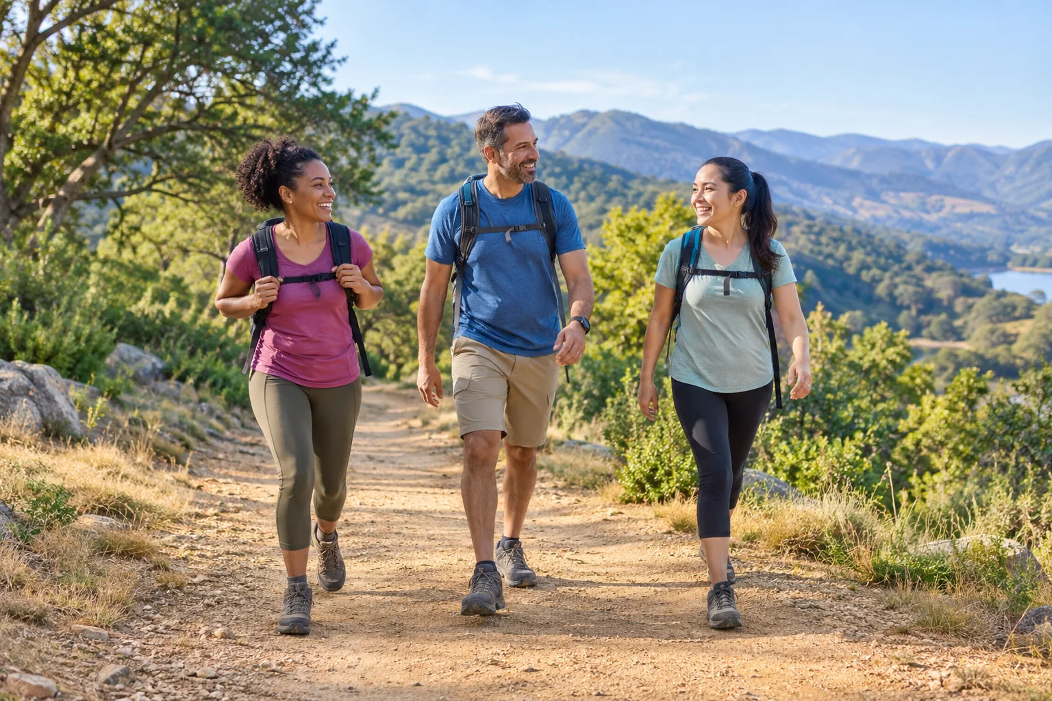 Adults with light daypacks walking along a broad scenic trail below wooded hills