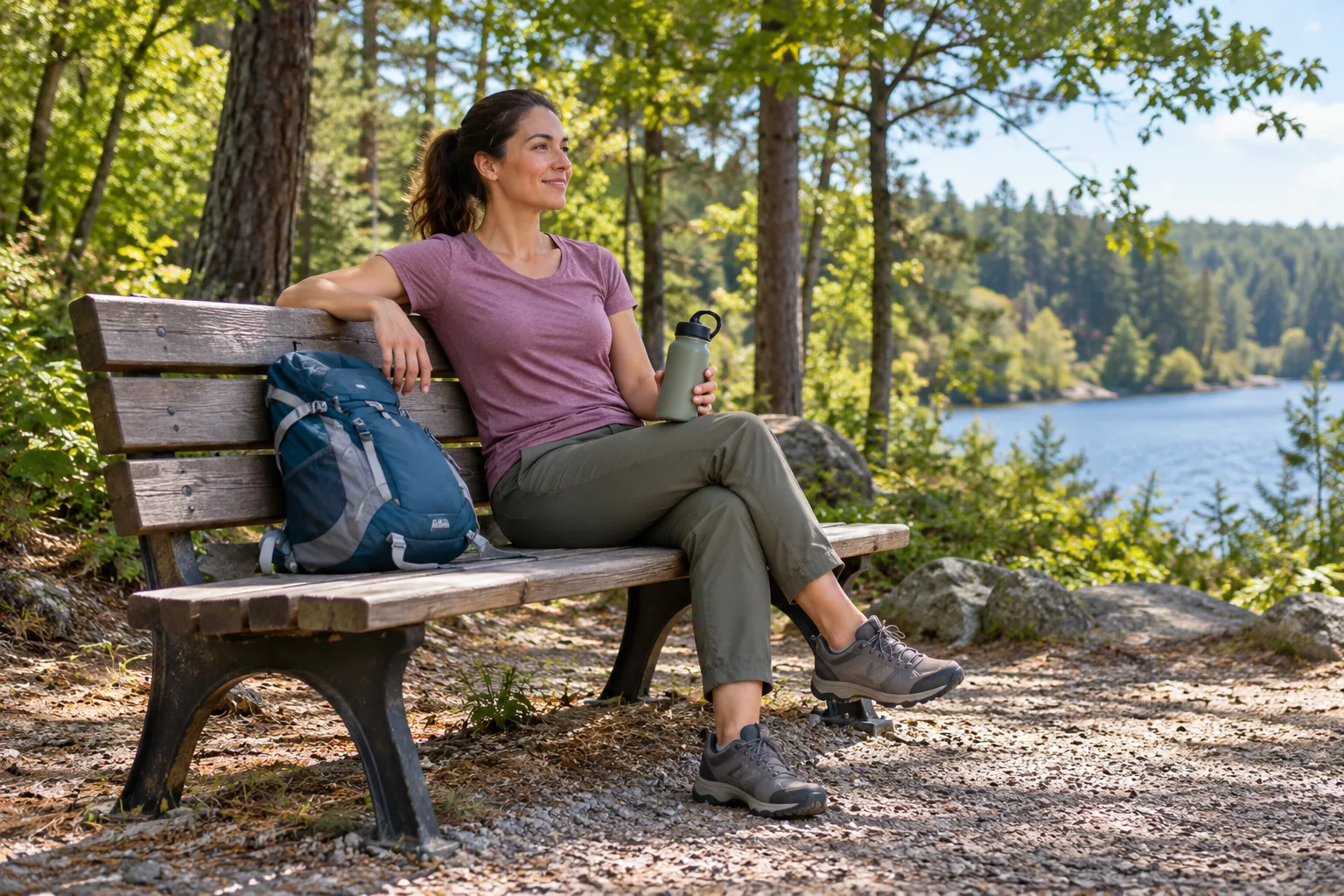 A woman resting comfortably on a park bench after walking, daypack beside her and water bottle in hand, relaxed afternoon woodland setting
