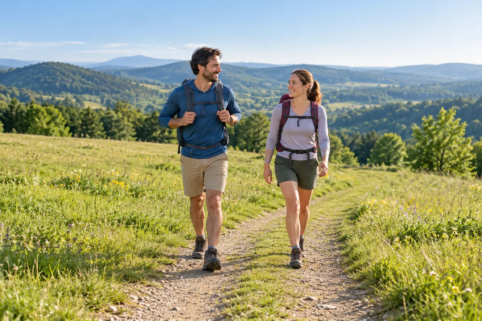 Two adult friends with small daypacks walking on a broad gently rolling meadow trail, distant wooded hills and clear morning light