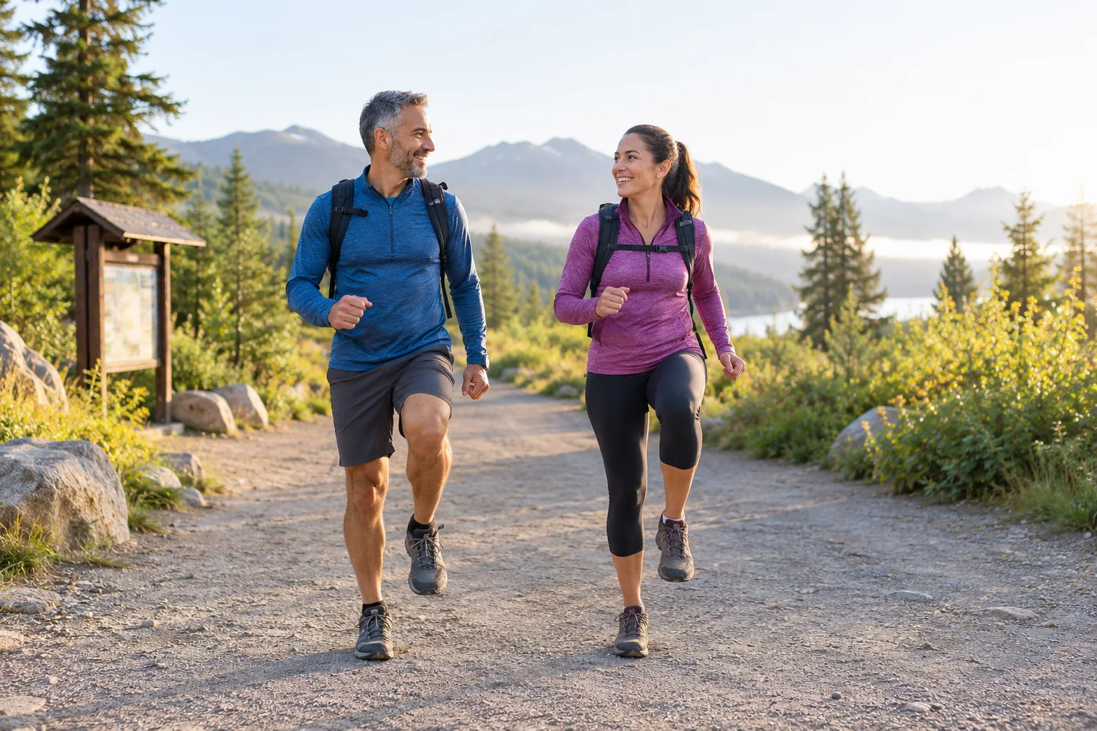 Two adults warming up with gentle marching on a broad flat trailhead path, small daypacks, trail beyond, bright soft early morning light