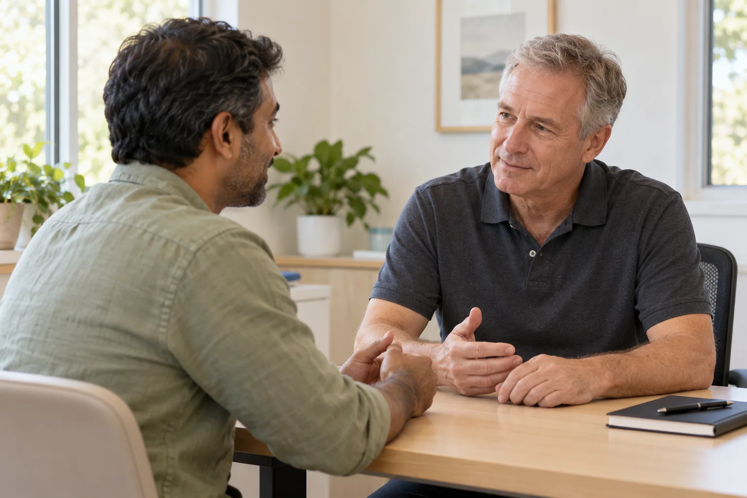An adult and a healthcare professional discussing a health history.