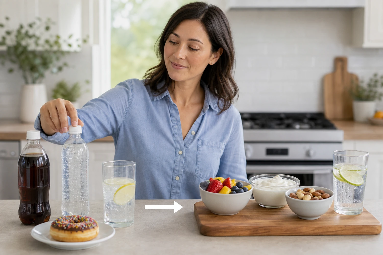 Adult choosing sparkling water, fruit, yogurt and nuts beside a soft drink and doughnut
