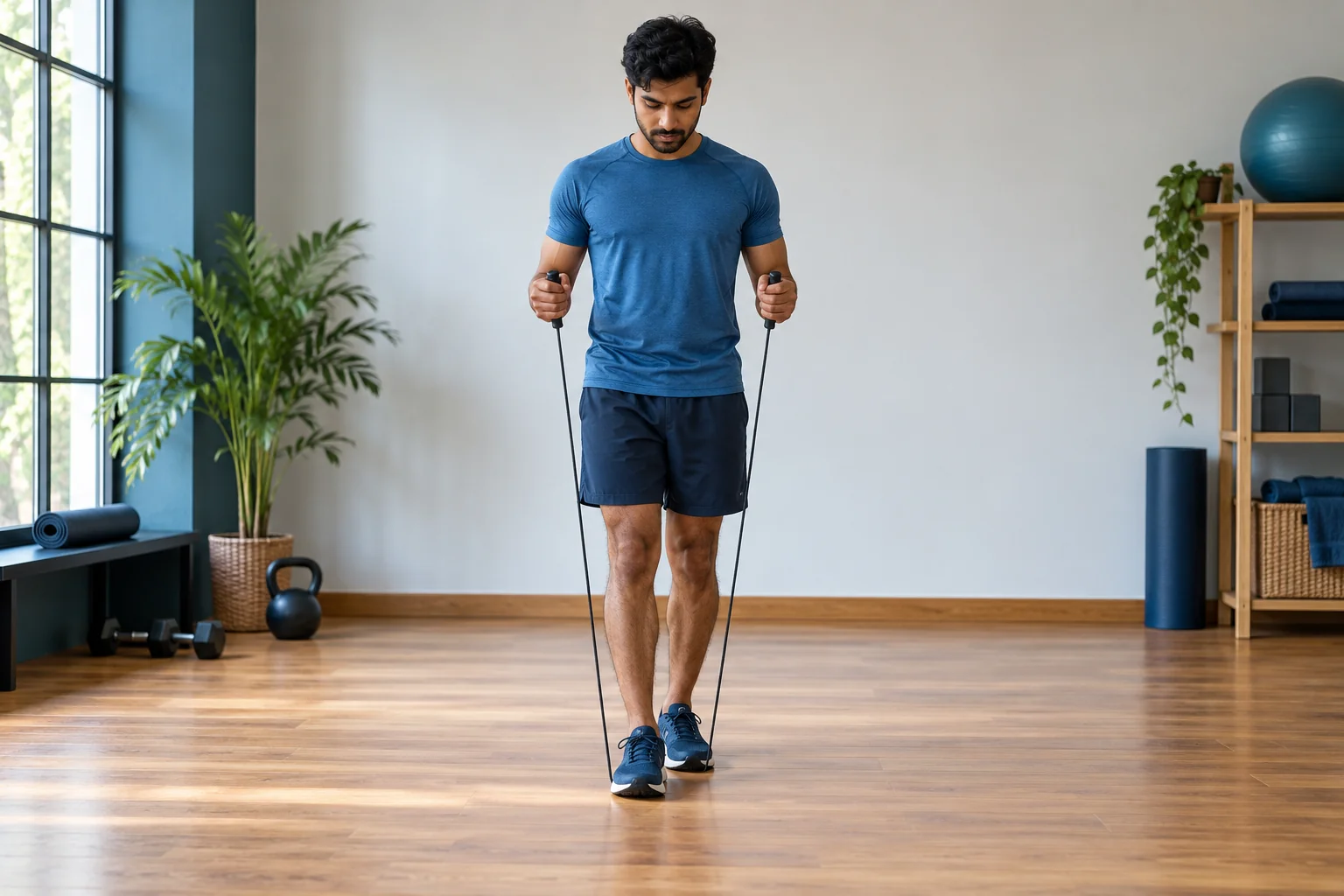 Man checking a skipping rope's length before adjusting it.