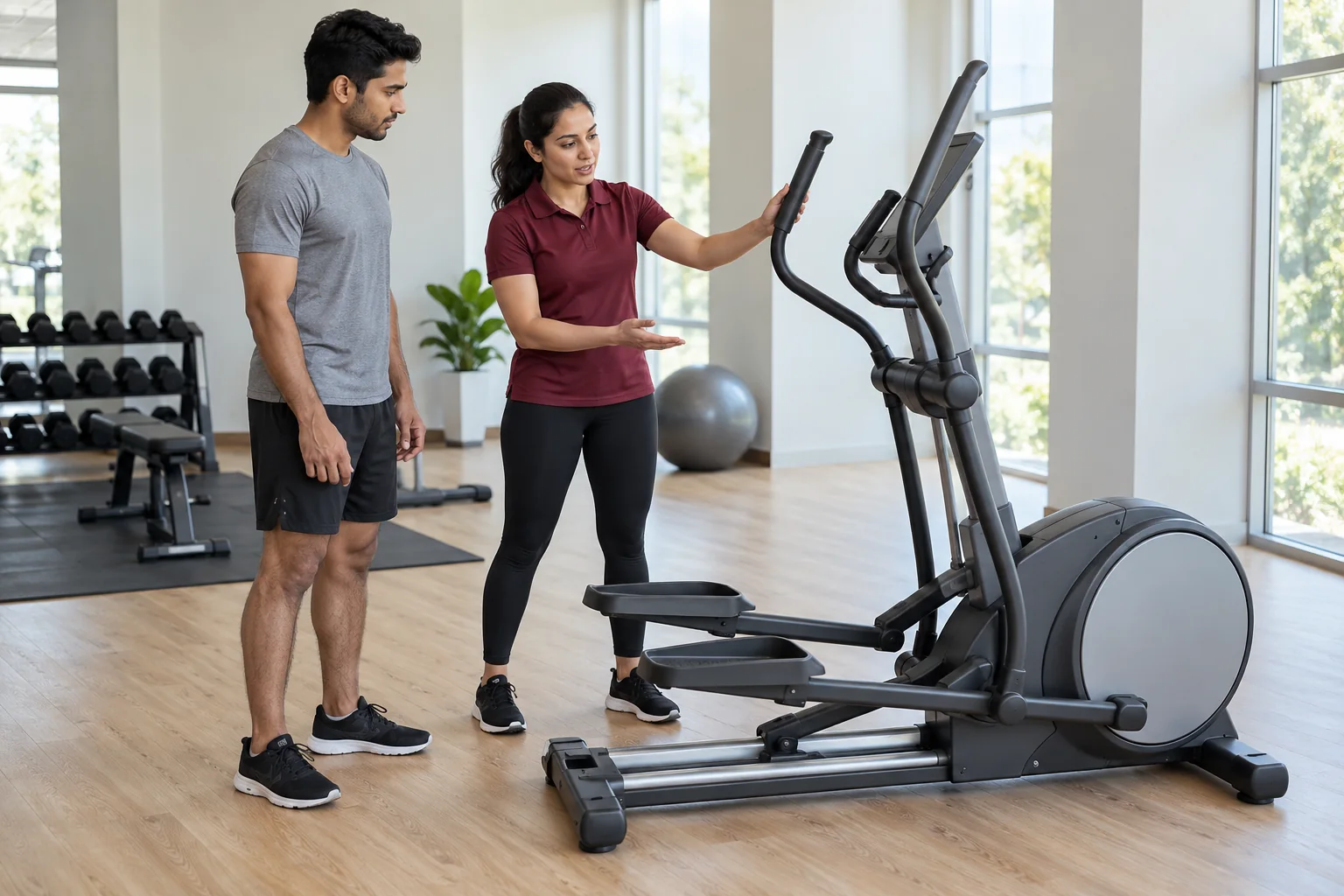 Coach and exerciser discussing an elliptical machine's setup.