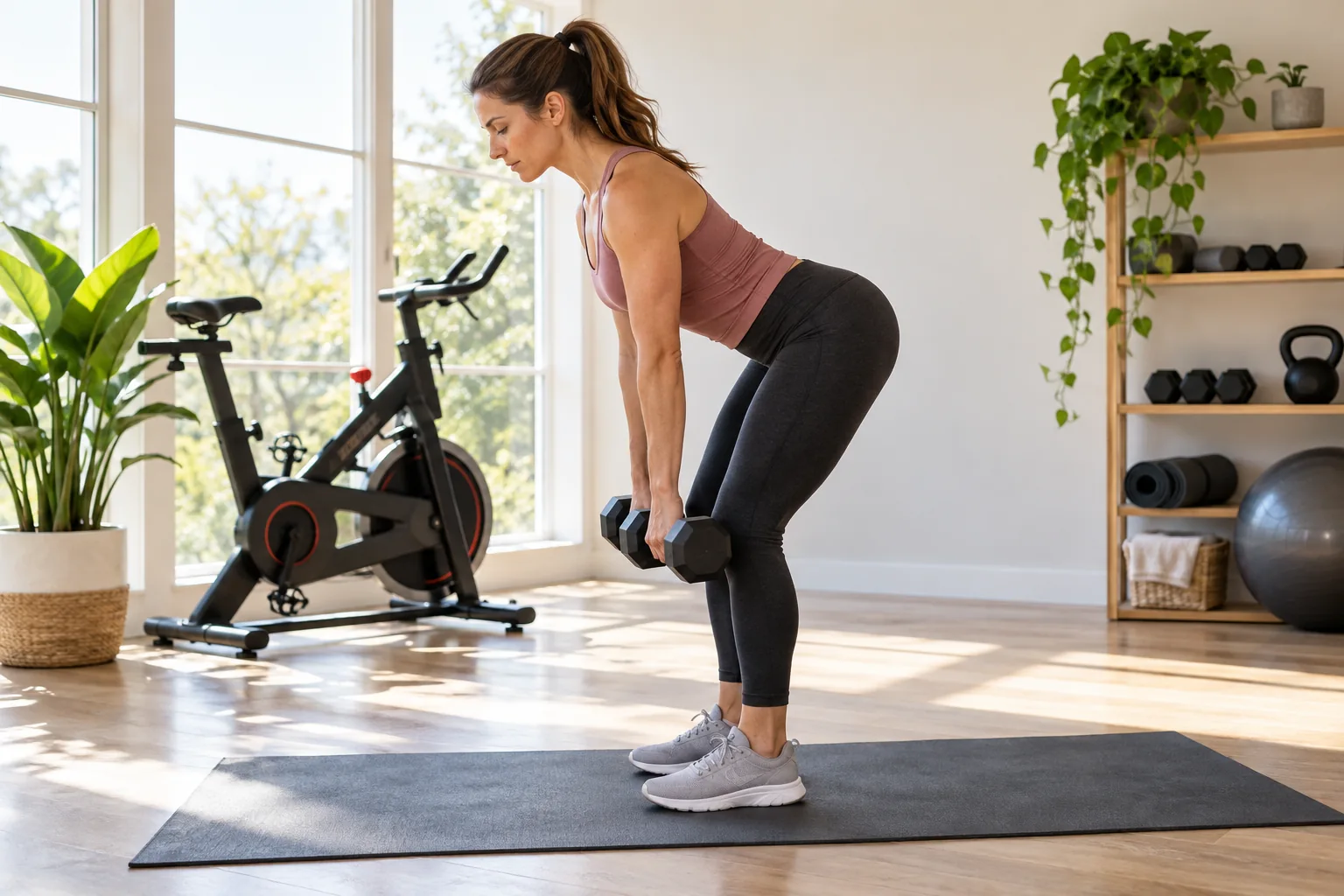 An adult woman doing a controlled light dumbbell hip hinge on stable floor, stopped indoor cycling bike visible behind her in a bright home gym, natural side view