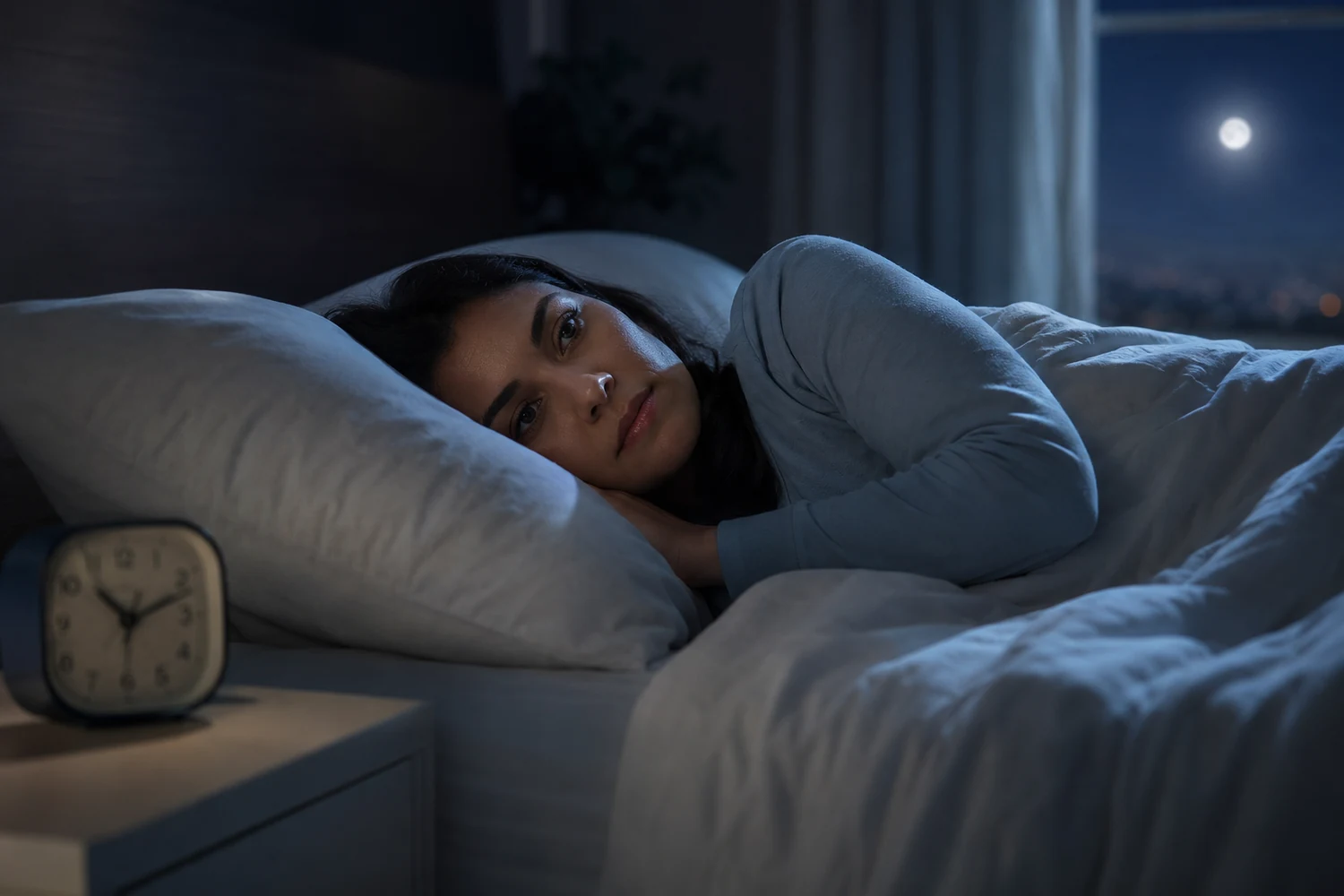 Woman lying awake in bed at night to illustrate insomnia and sleep difficulty