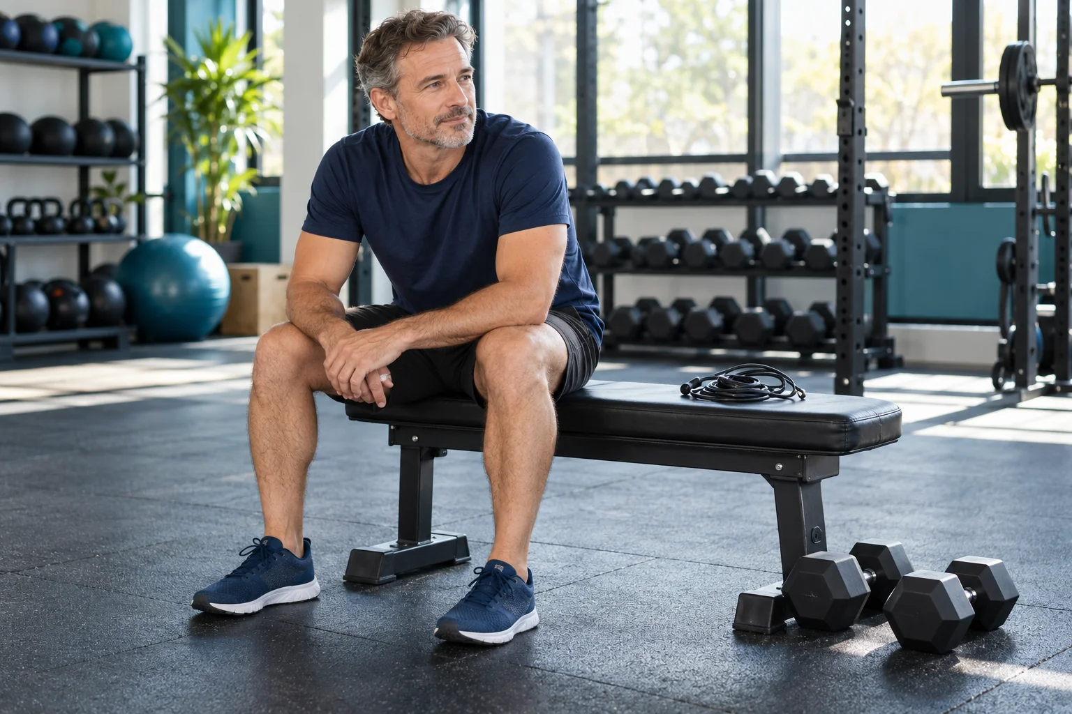 Man planning a session with a jump rope and dumbbells in a bright gym.