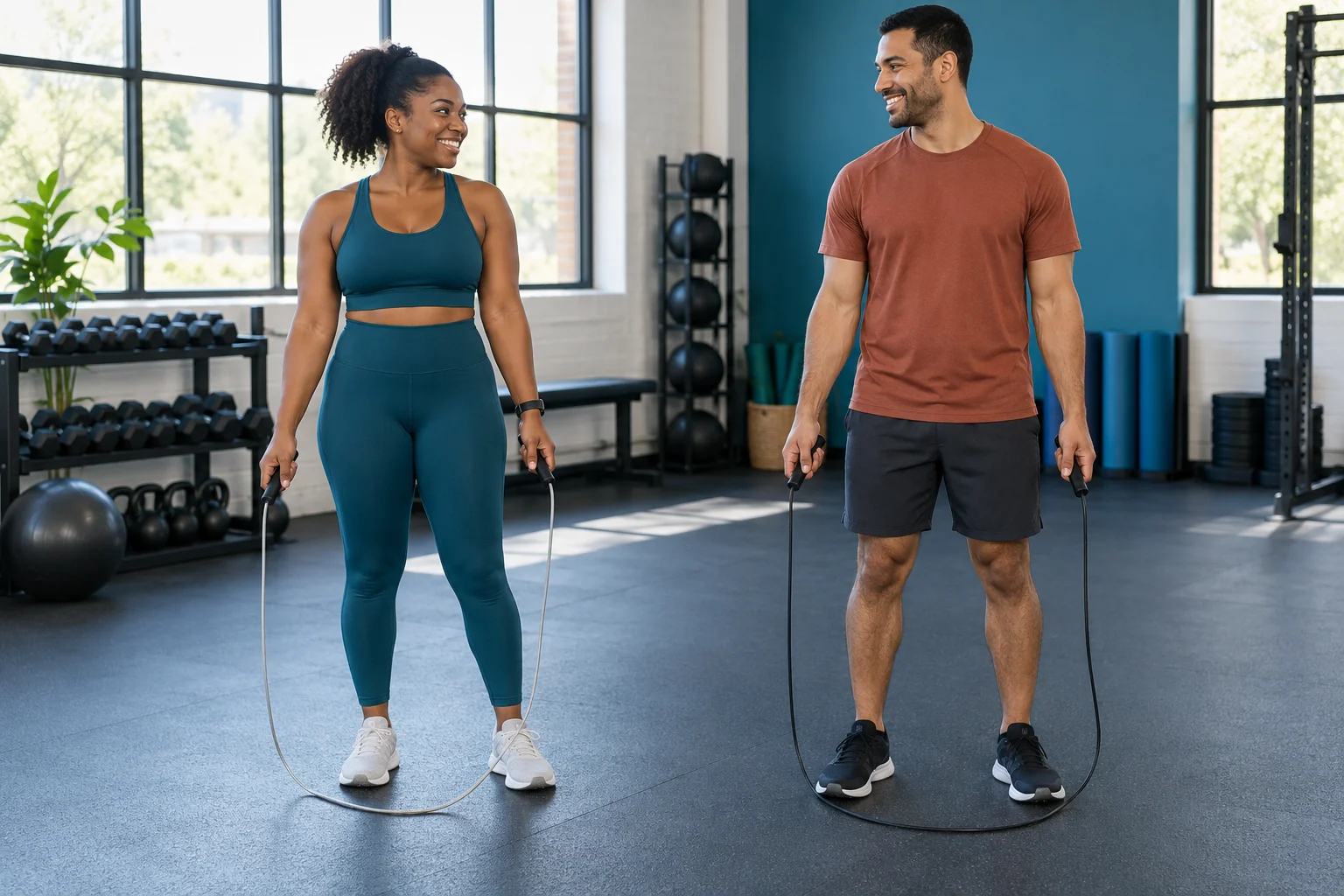 Adults preparing for a jump rope session in a bright training space