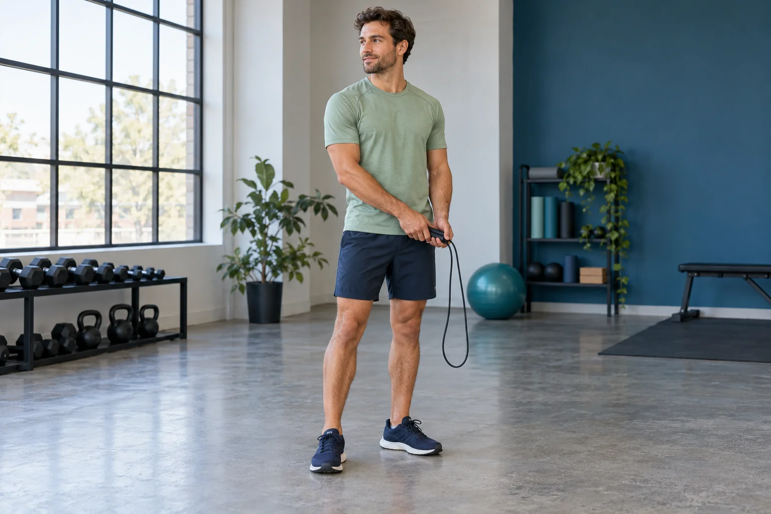 Instructor holding a rope beside his hip before side-swing practice.