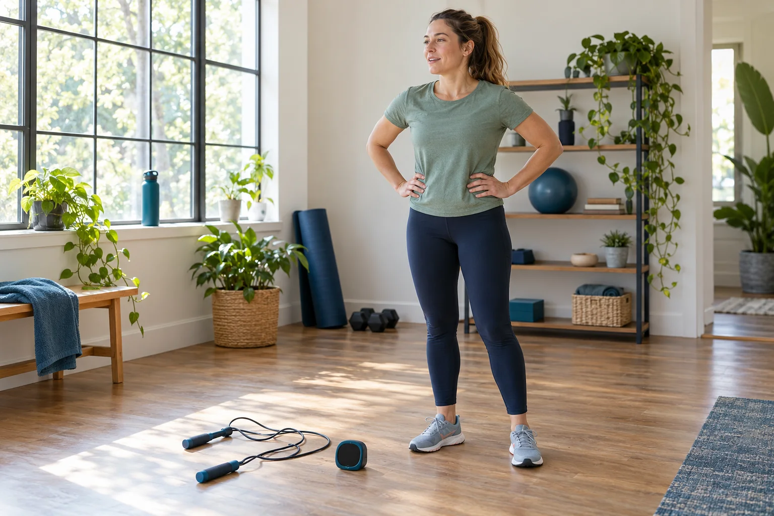 Woman resting between beginner jump rope intervals at home.