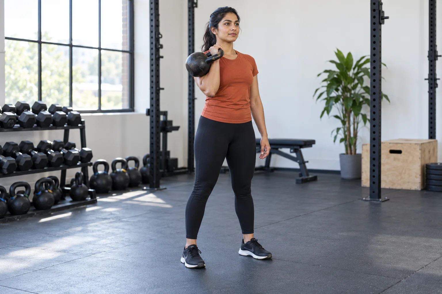 A woman demonstrating a stable single-arm kettlebell rack position
