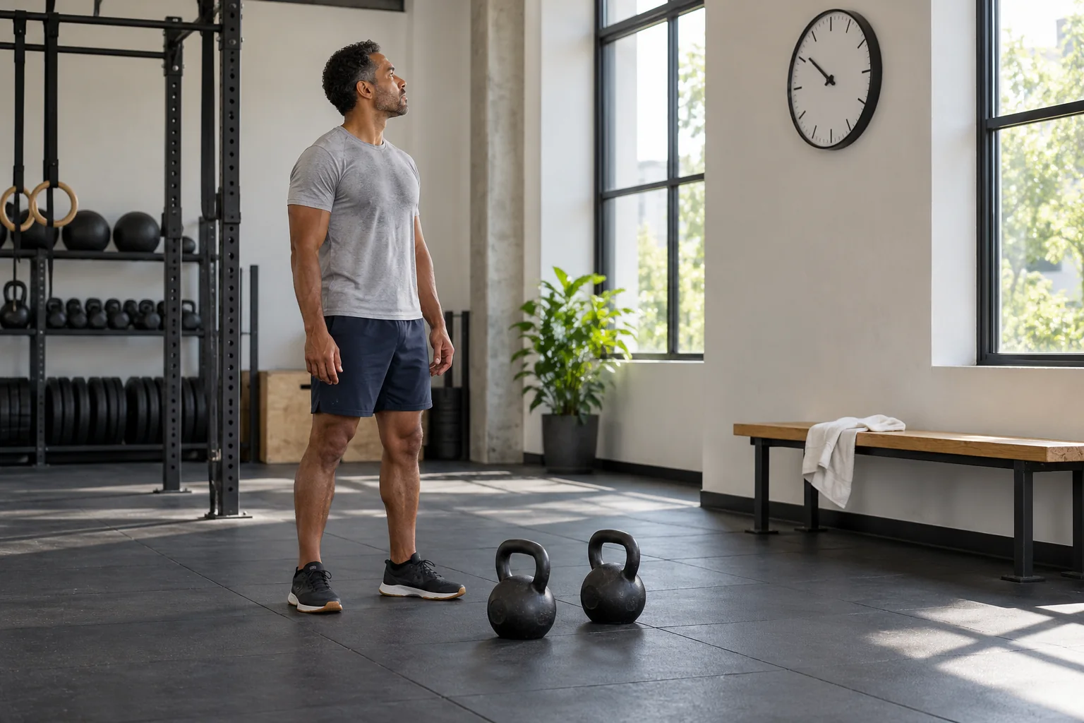 A man taking a deliberate rest between kettlebell exercise sequences in a clear gym space