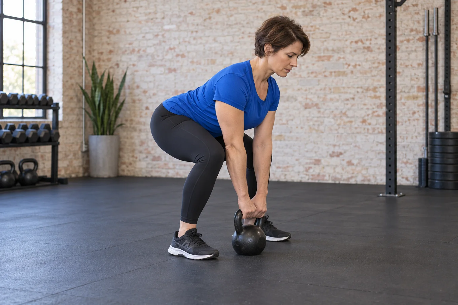 A woman setting up a two-handed kettlebell deadlift with the bell between her feet