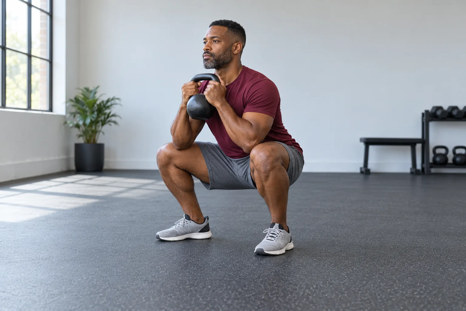 A man holding a kettlebell close to his chest during a controlled goblet squat