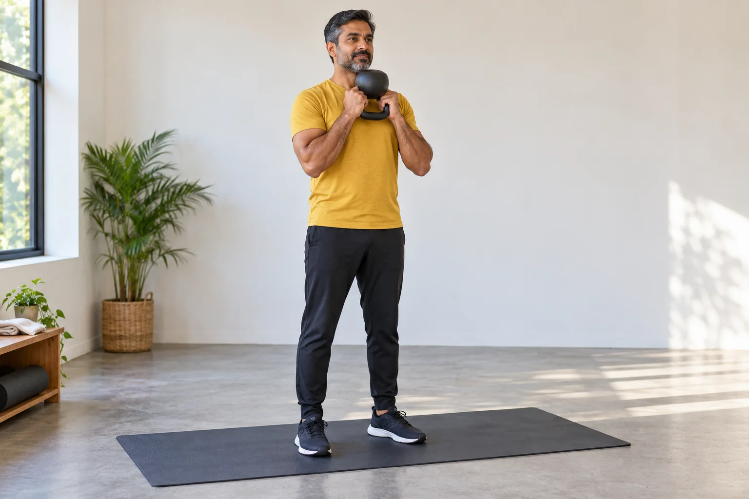 A man holding an inverted kettlebell in the front starting position for a halo