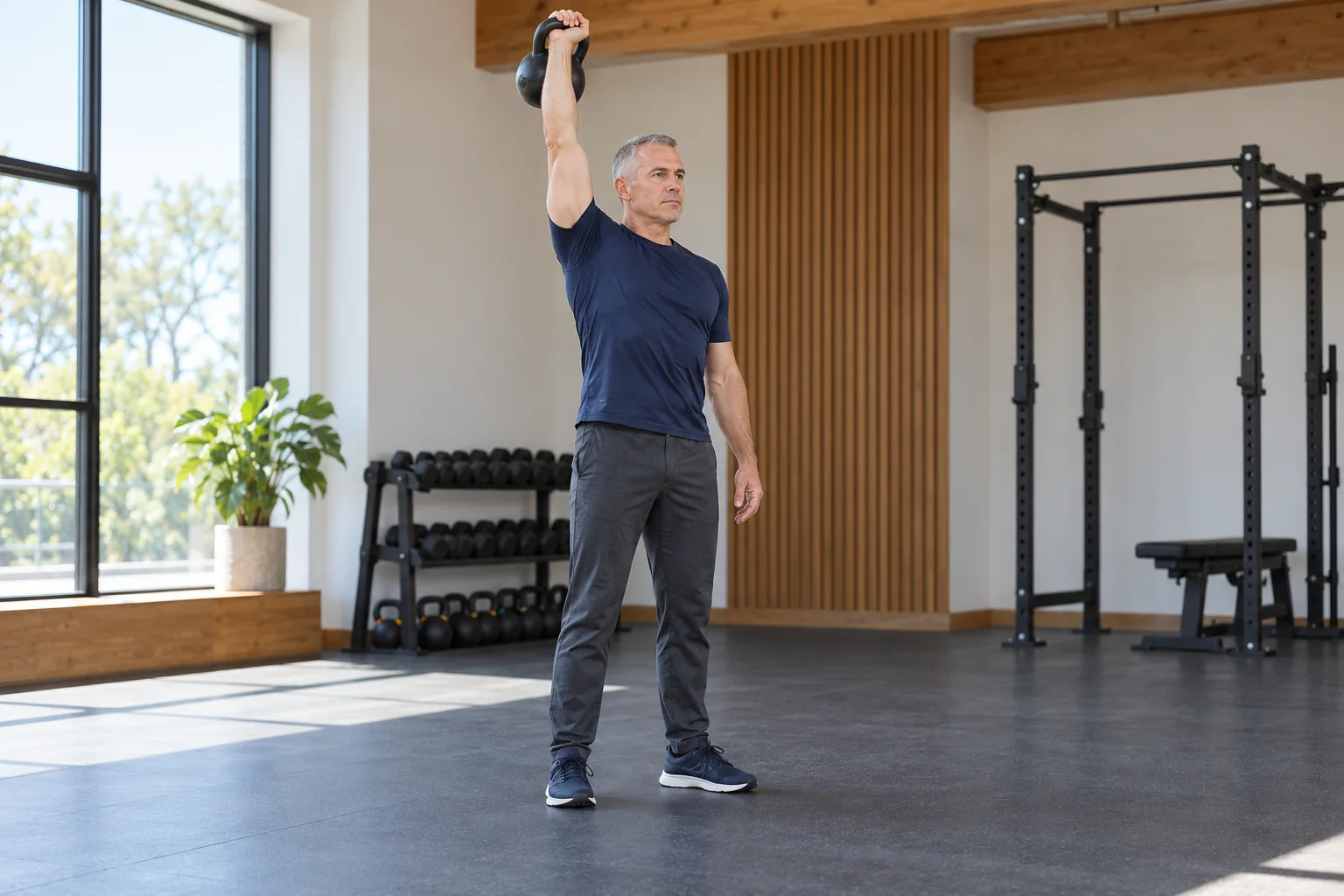 A man holding a single kettlebell at a controlled overhead press finish