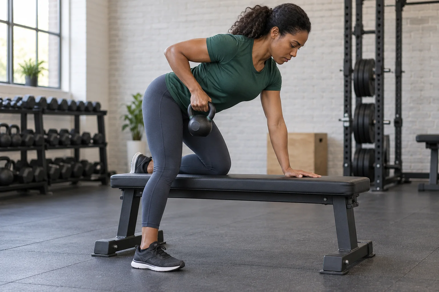 A woman performing a bench-supported single-arm kettlebell row with a stable torso