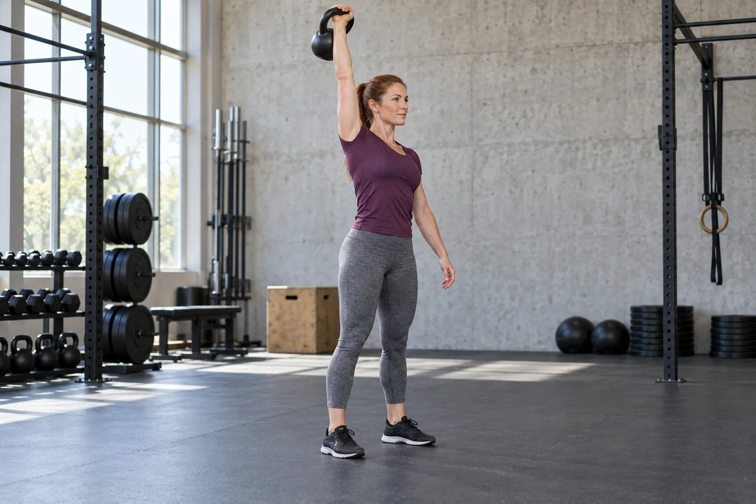 A woman demonstrating the stable overhead finish of a single-arm kettlebell snatch