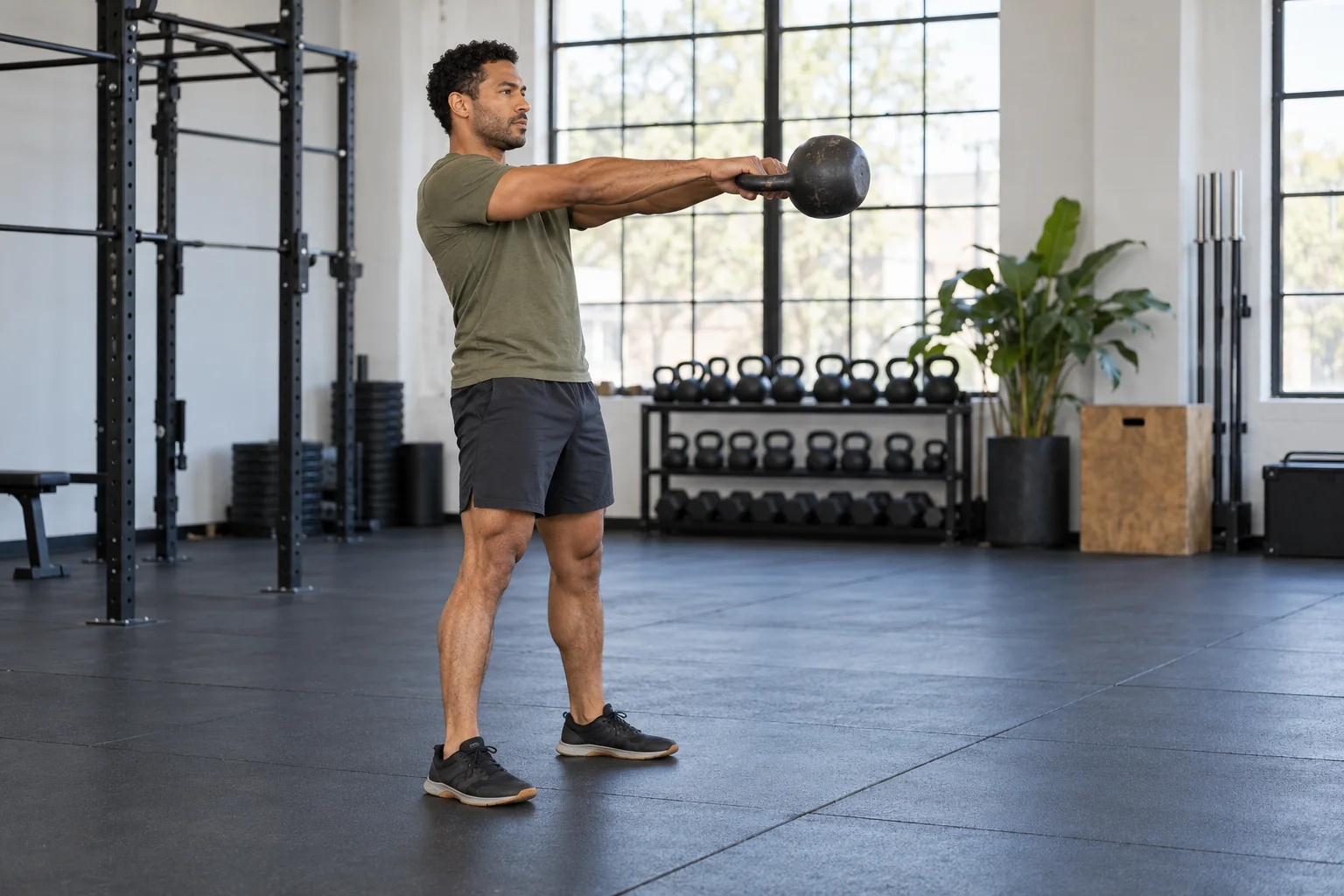 A man at the standing finish of a two-handed chest-height kettlebell swing