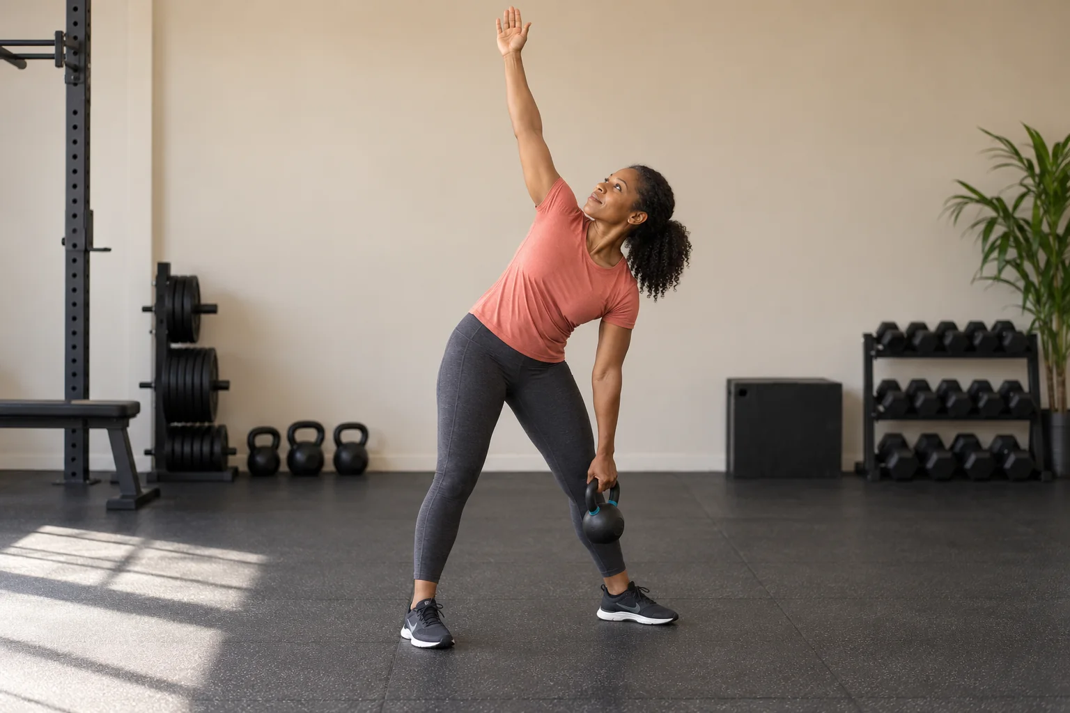 A woman practicing a low kettlebell windmill with the raised hand unloaded