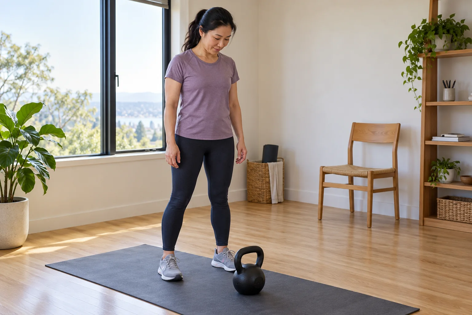 A woman preparing a kettlebell session in a bright home training space