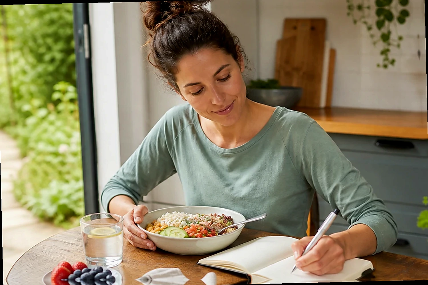 Adult experiencing abdominal discomfort while seated at a table at home