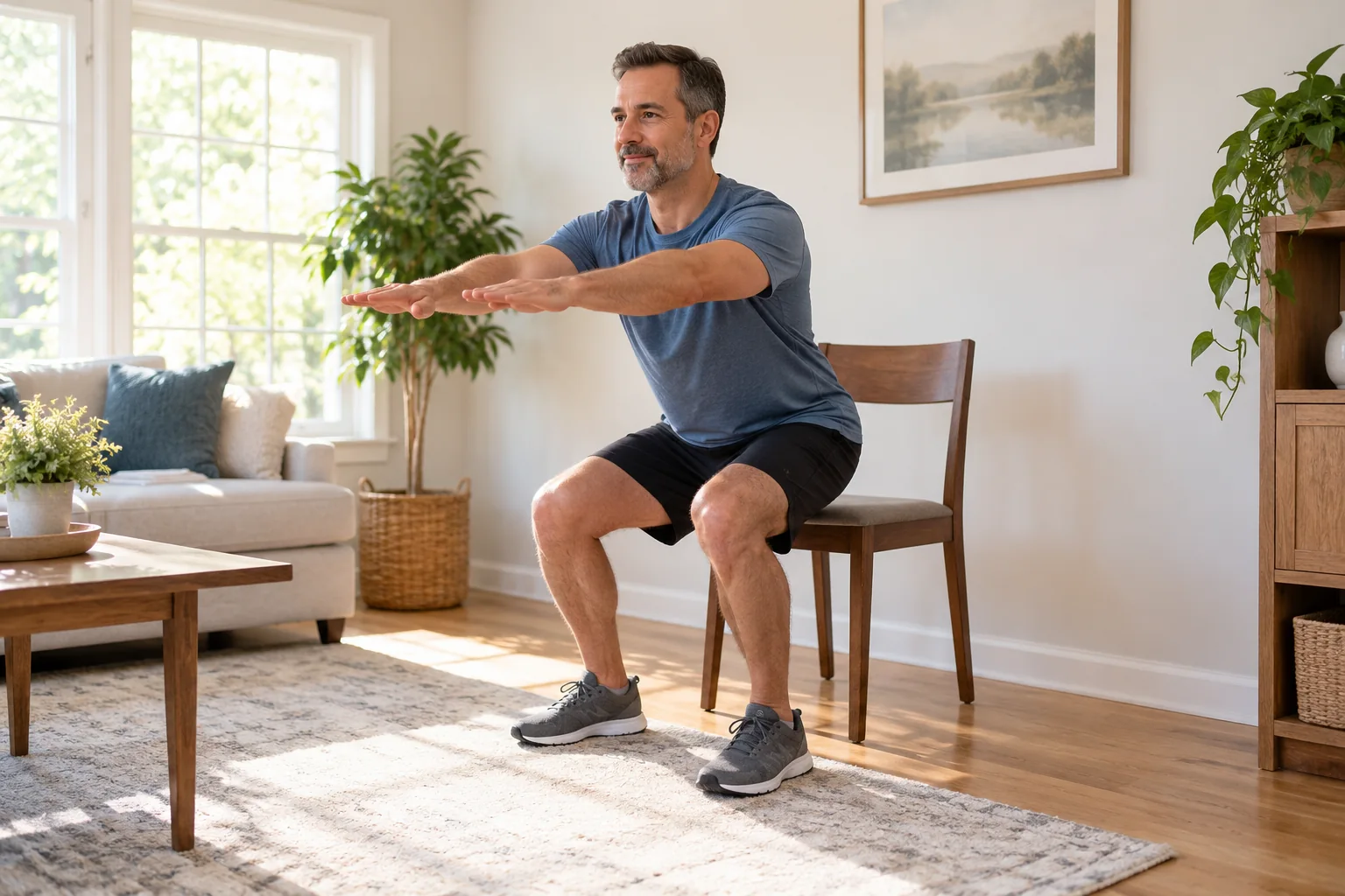 An adult man beginning a controlled chair squat beside a solid chair against a wall in a sunlit living room, plain workout clothes and stable stance