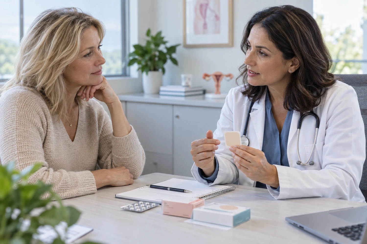 Midlife woman discussing menopause treatment choices with a healthcare professional