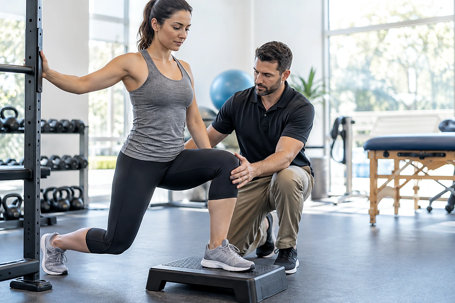 Midlife woman doing a controlled mobility exercise with professional guidance in a bright therapy gym