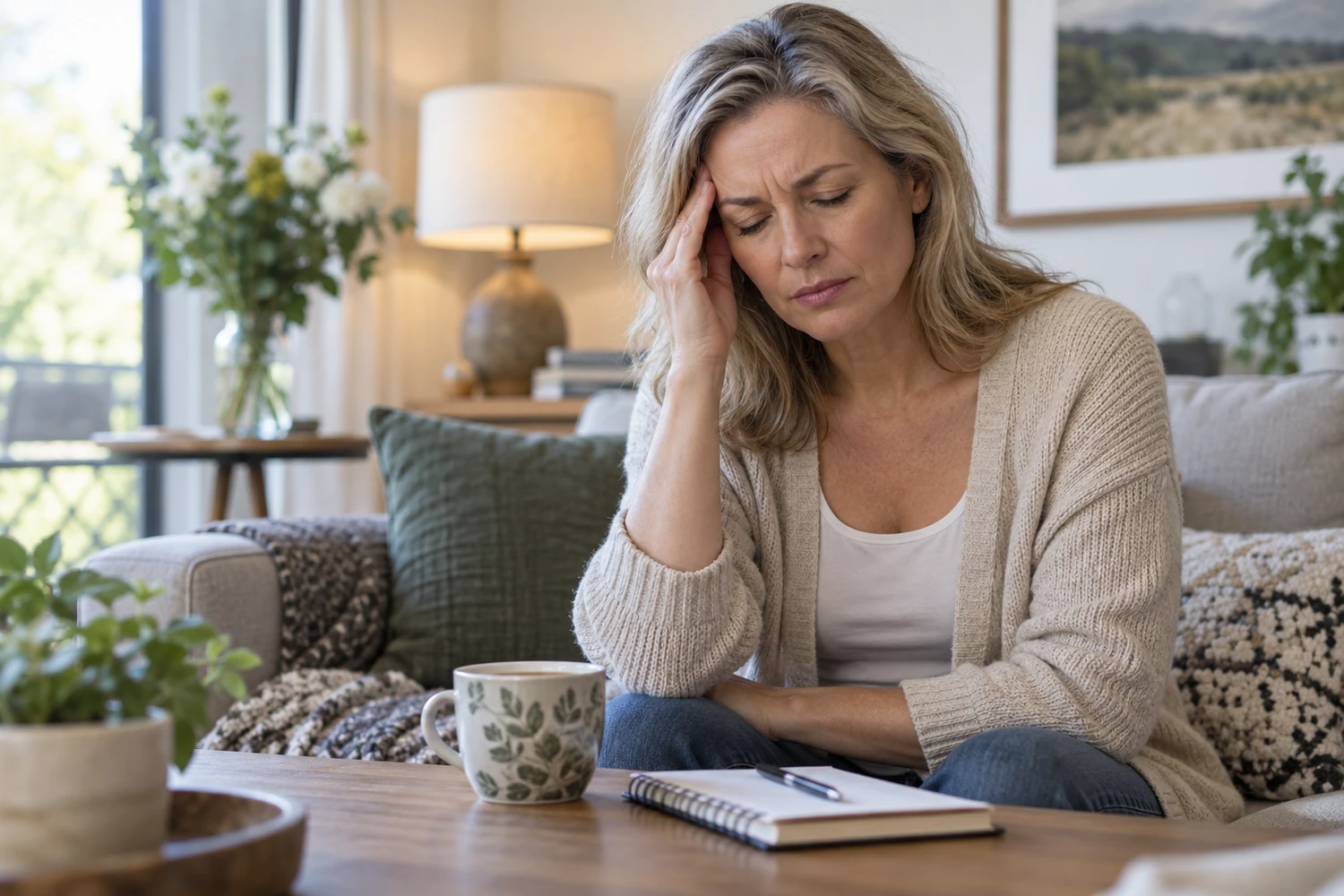 Midlife woman resting in a quiet room with a headache during the menopause transition