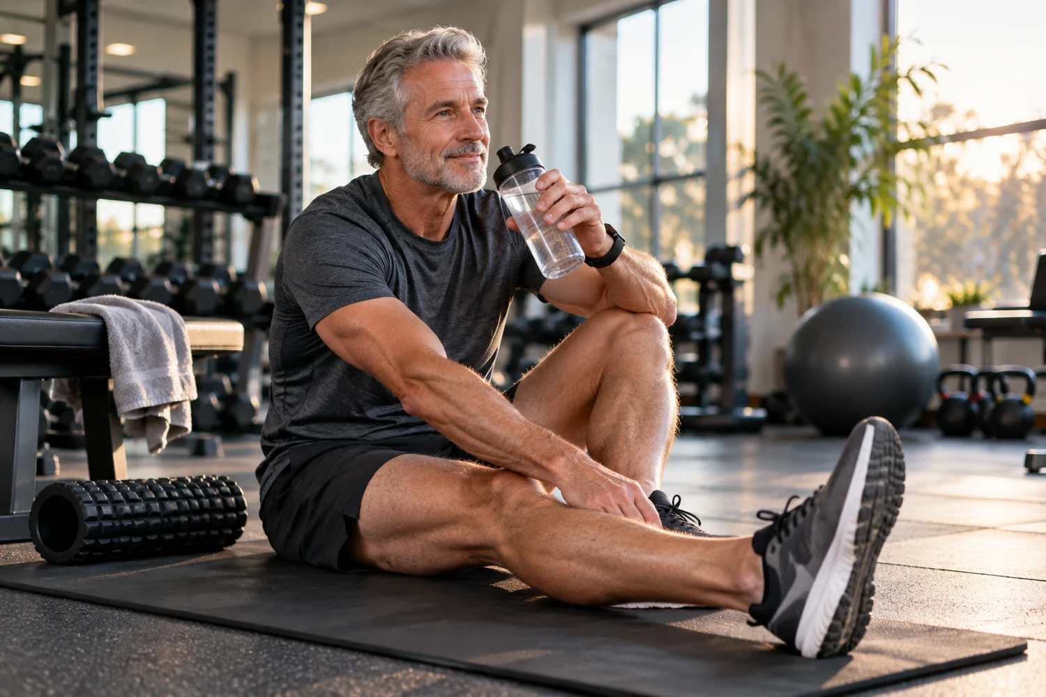 Fit man over 50 cooling down on a gym mat with water, foam roller and training equipment after a strength workout