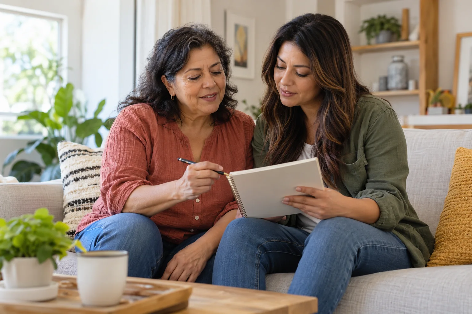 Woman and a family member preparing questions together at home.
