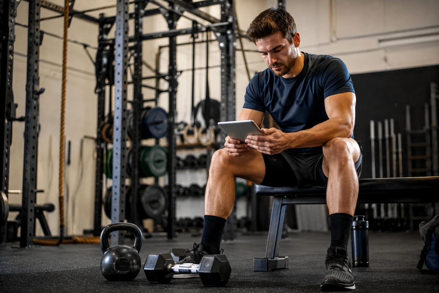 Man reviewing a digital workout program on a tablet inside a strength gym
