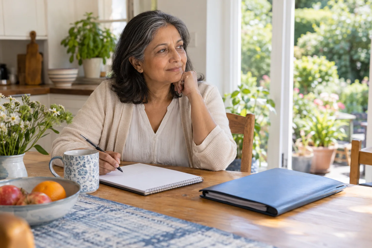 Woman preparing questions about bone health at her kitchen table.