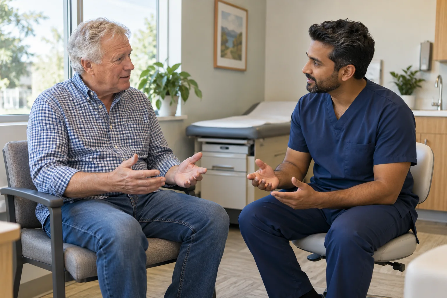 Man discussing bone-health concerns during a healthcare appointment.