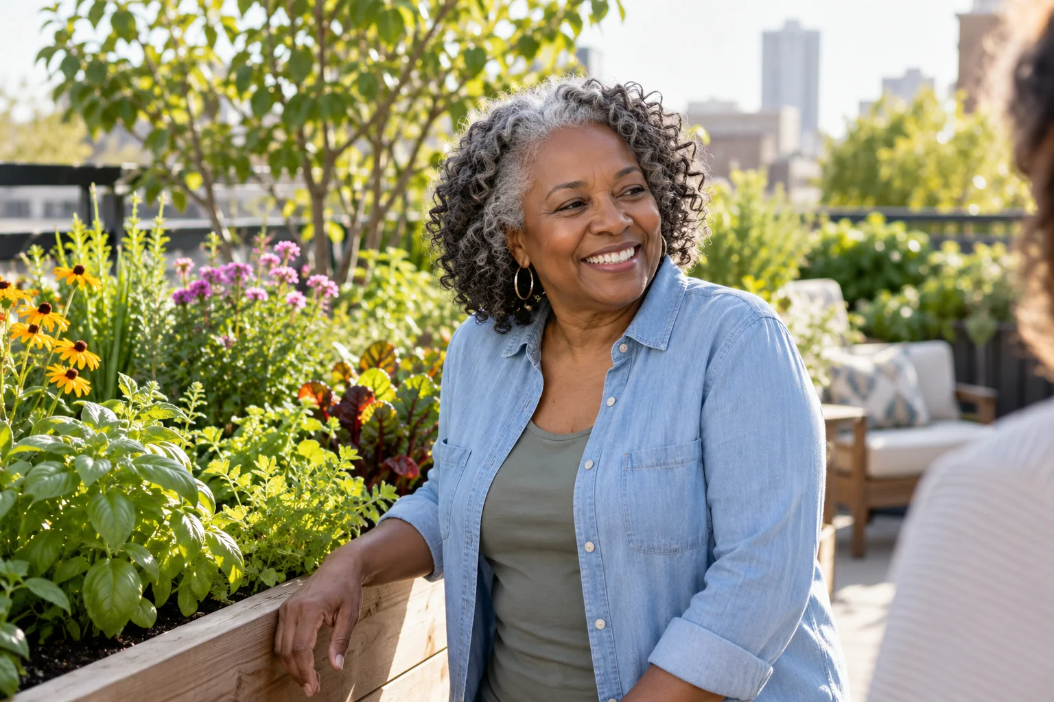 Woman enjoying time outside on a sunny garden patio.