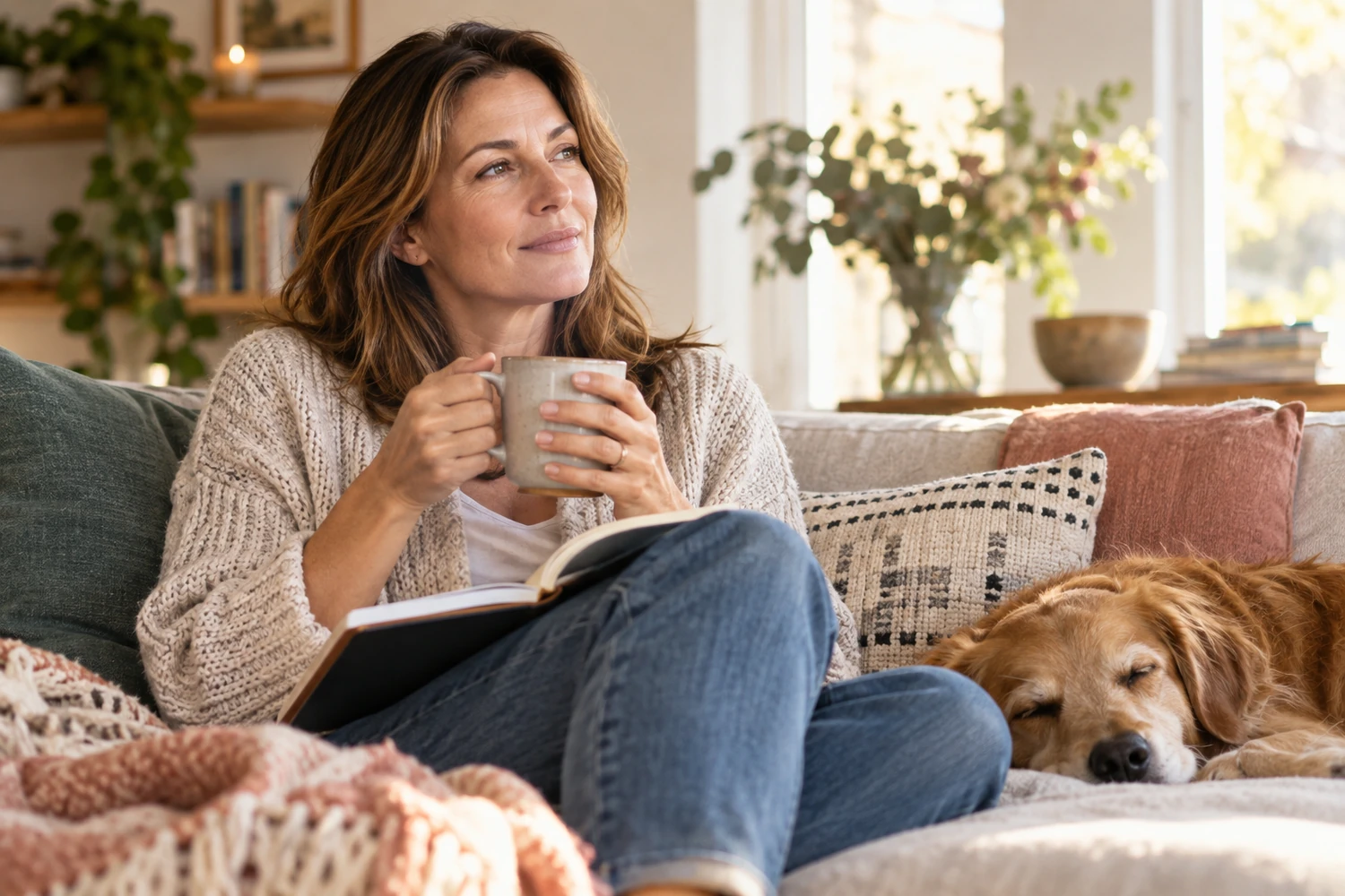 Midlife woman using a quiet journaling and breathing routine to support mood during perimenopause