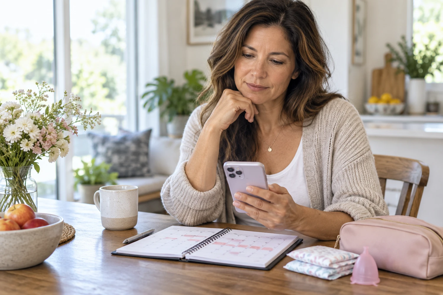 Midlife woman discussing changing menstrual patterns with a healthcare professional in a clinic