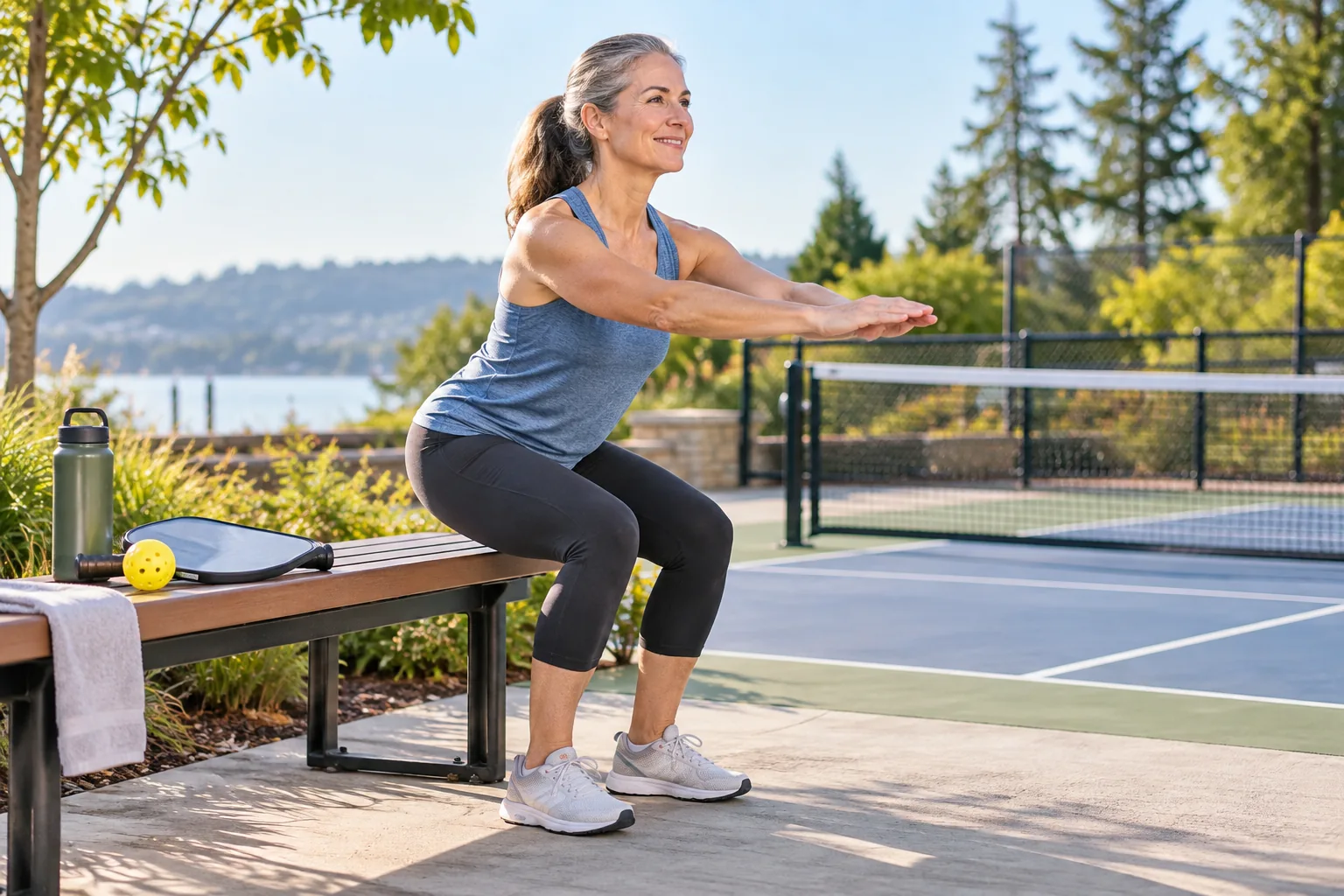 A middle-aged woman practicing a controlled sit-to-stand beside a park pickleball court, paddle on a bench, morning light