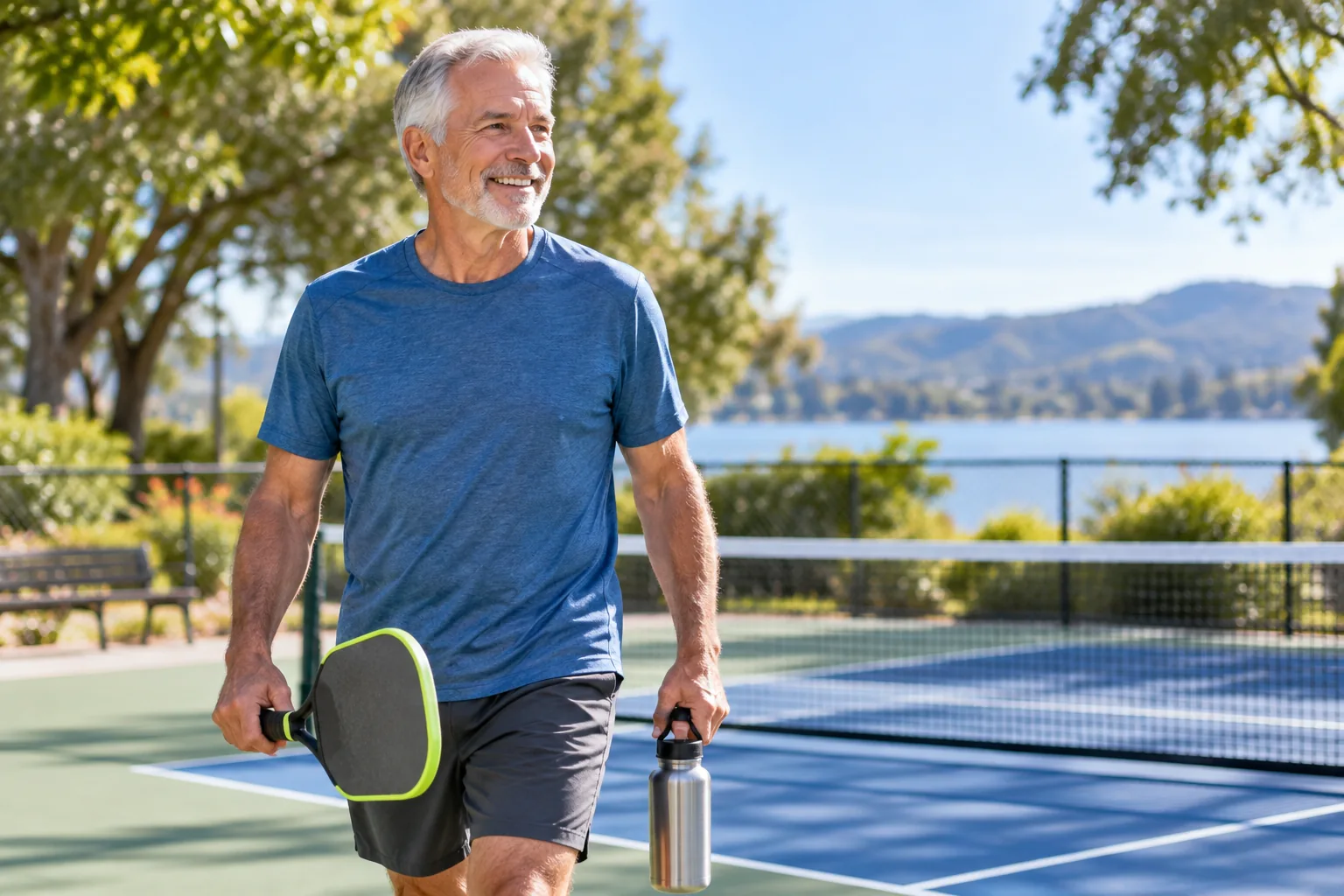 An active man in his sixties carrying a pickleball paddle and bottle next to a court, relaxed confident posture, sunny park