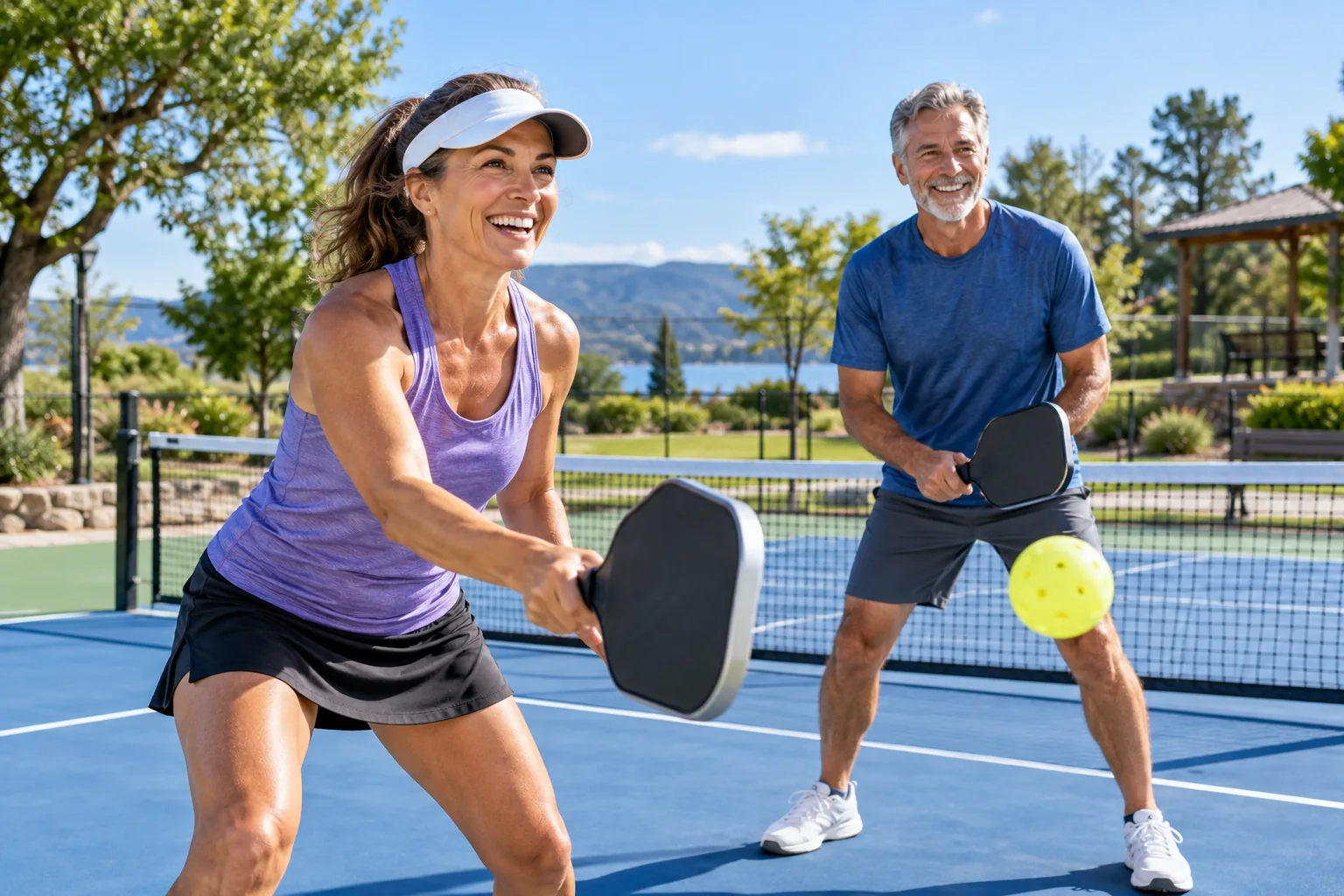 Recreational pickleball players preparing on a sunny community court