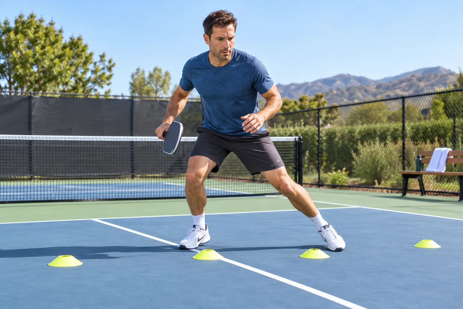 An adult man in stable athletic court shoes stepping laterally between flat training markers on a clear pickleball court, wide full body view
