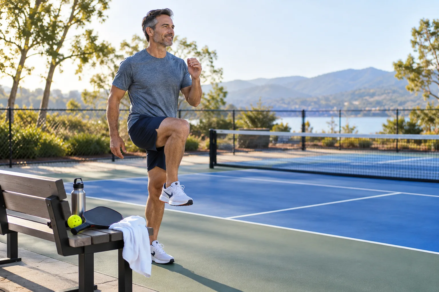 An athletic adult man doing easy marching near a blue pickleball court before play, paddle resting on bench, soft morning light