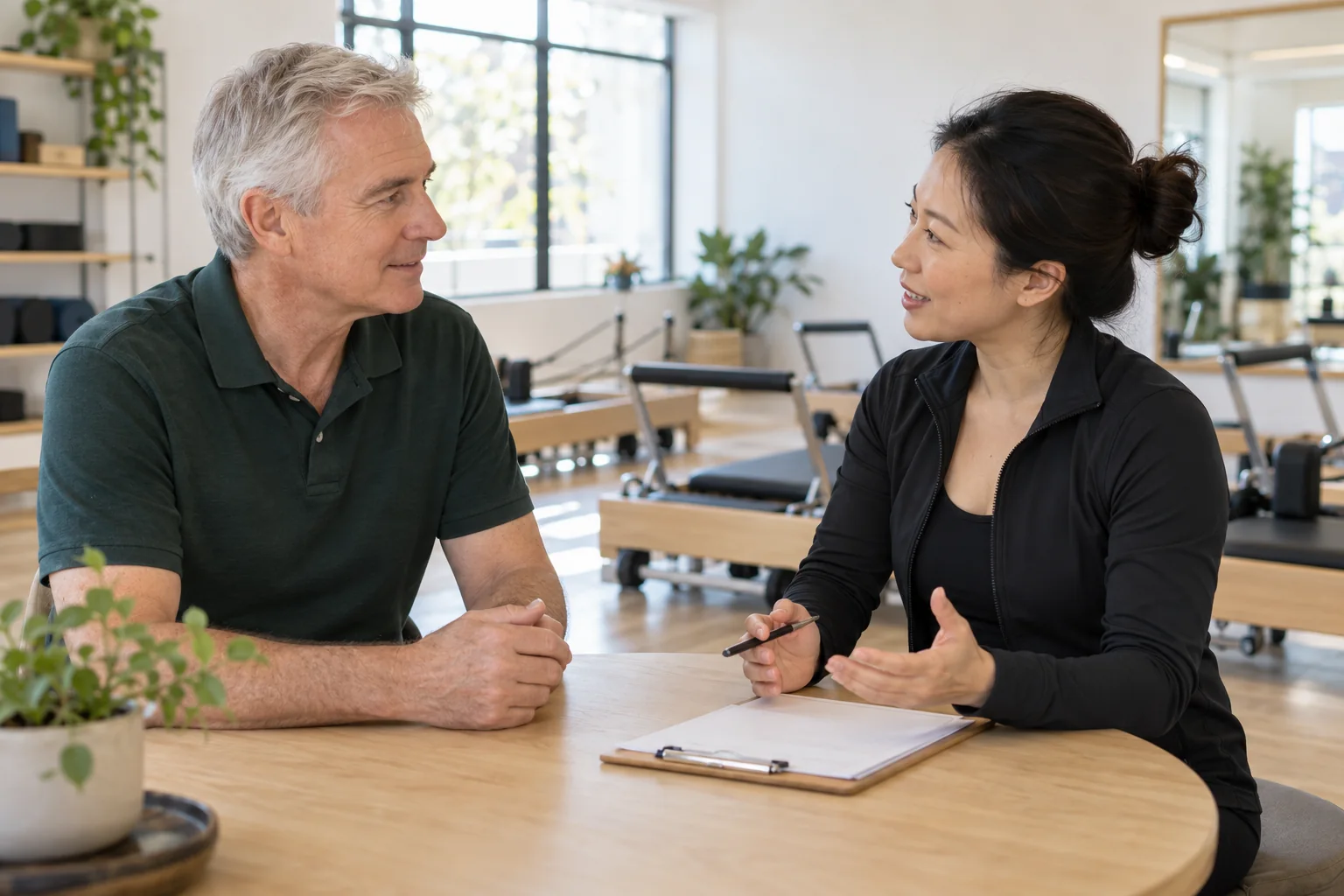 Man discussing class support with a Pilates instructor.