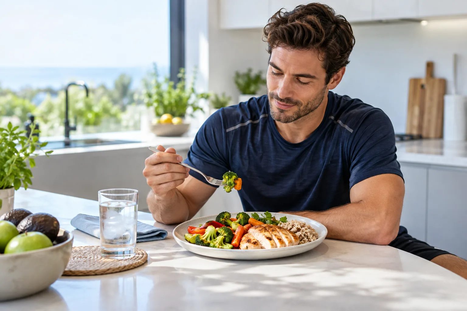 Post-workout plate with chicken, rice, vegetables and water