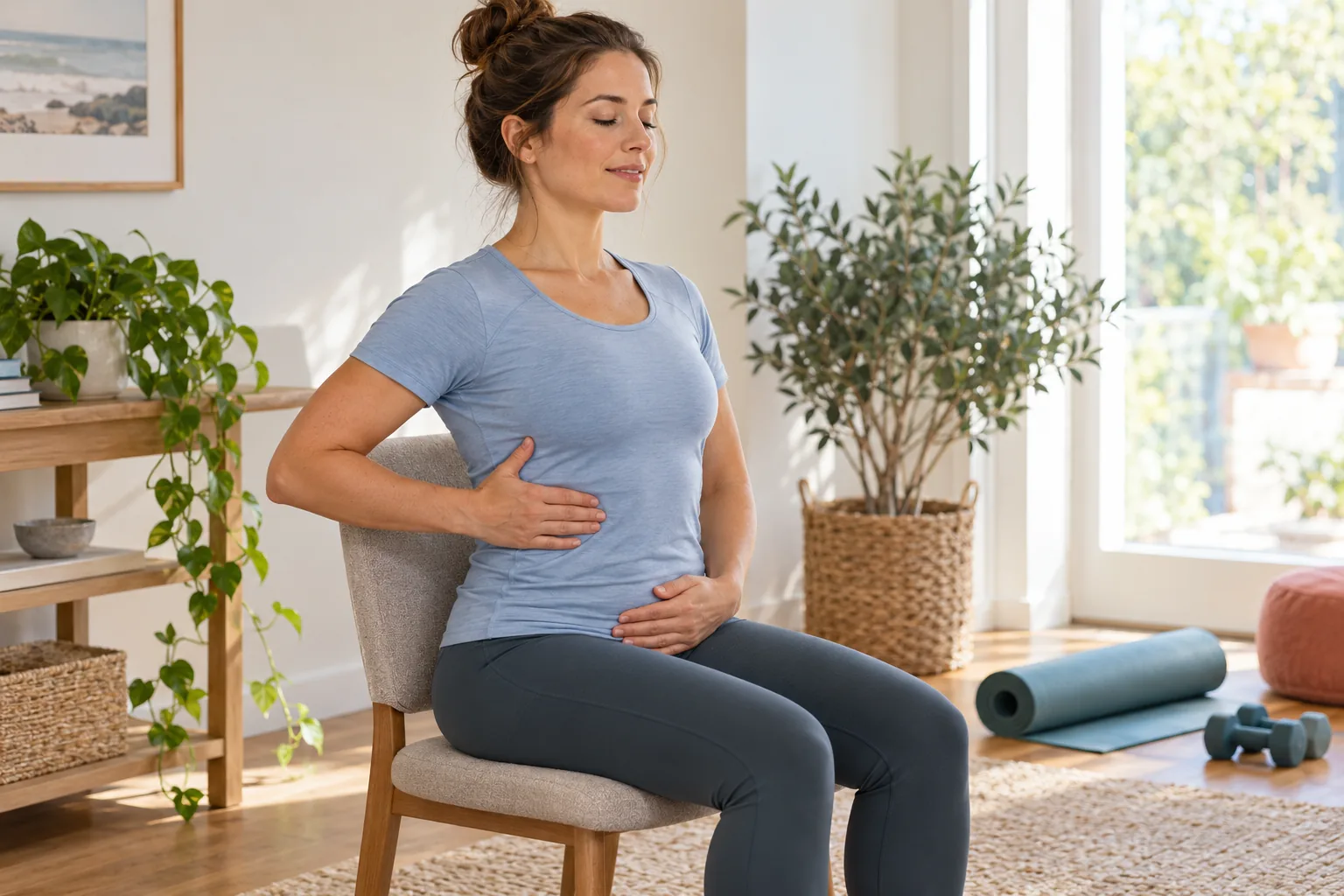 Postpartum adult practicing relaxed breathing while seated with hands at ribs and abdomen