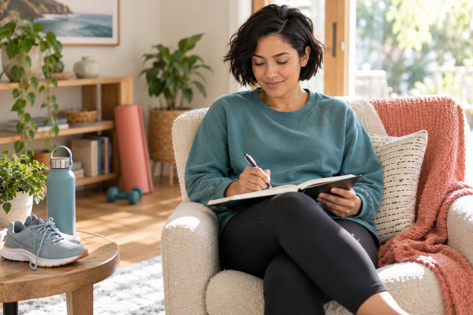 Postpartum adult planning a gradual return to activity with a notebook and walking shoes