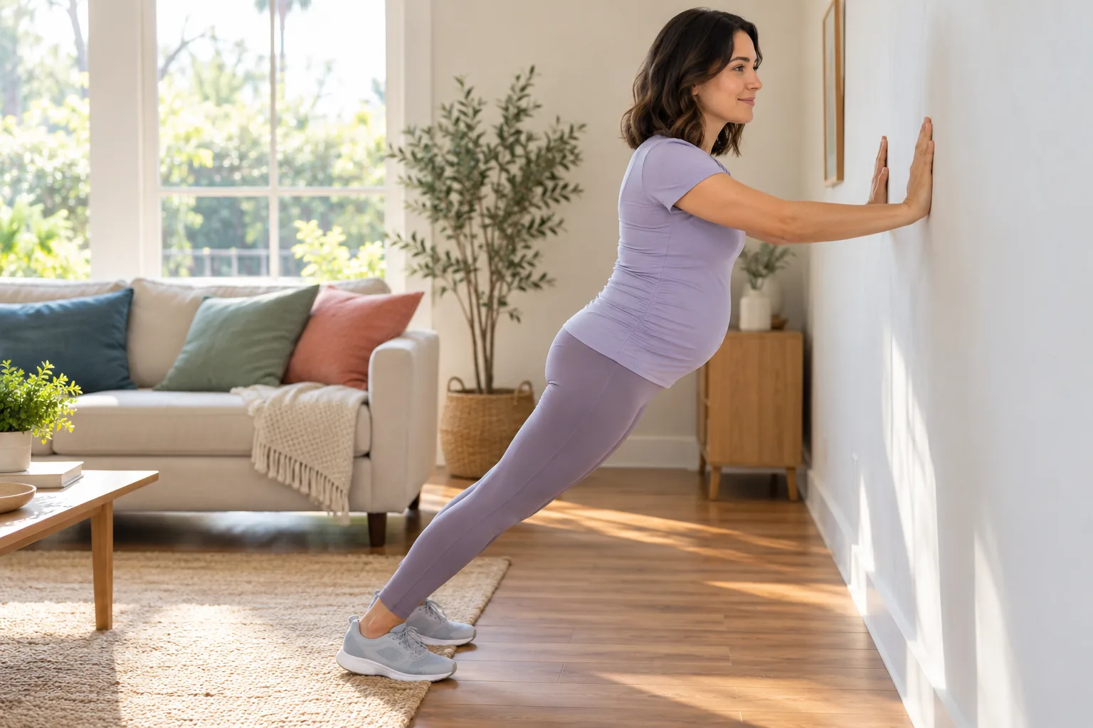 Pregnant adult practicing a gentle wall push-up at home
