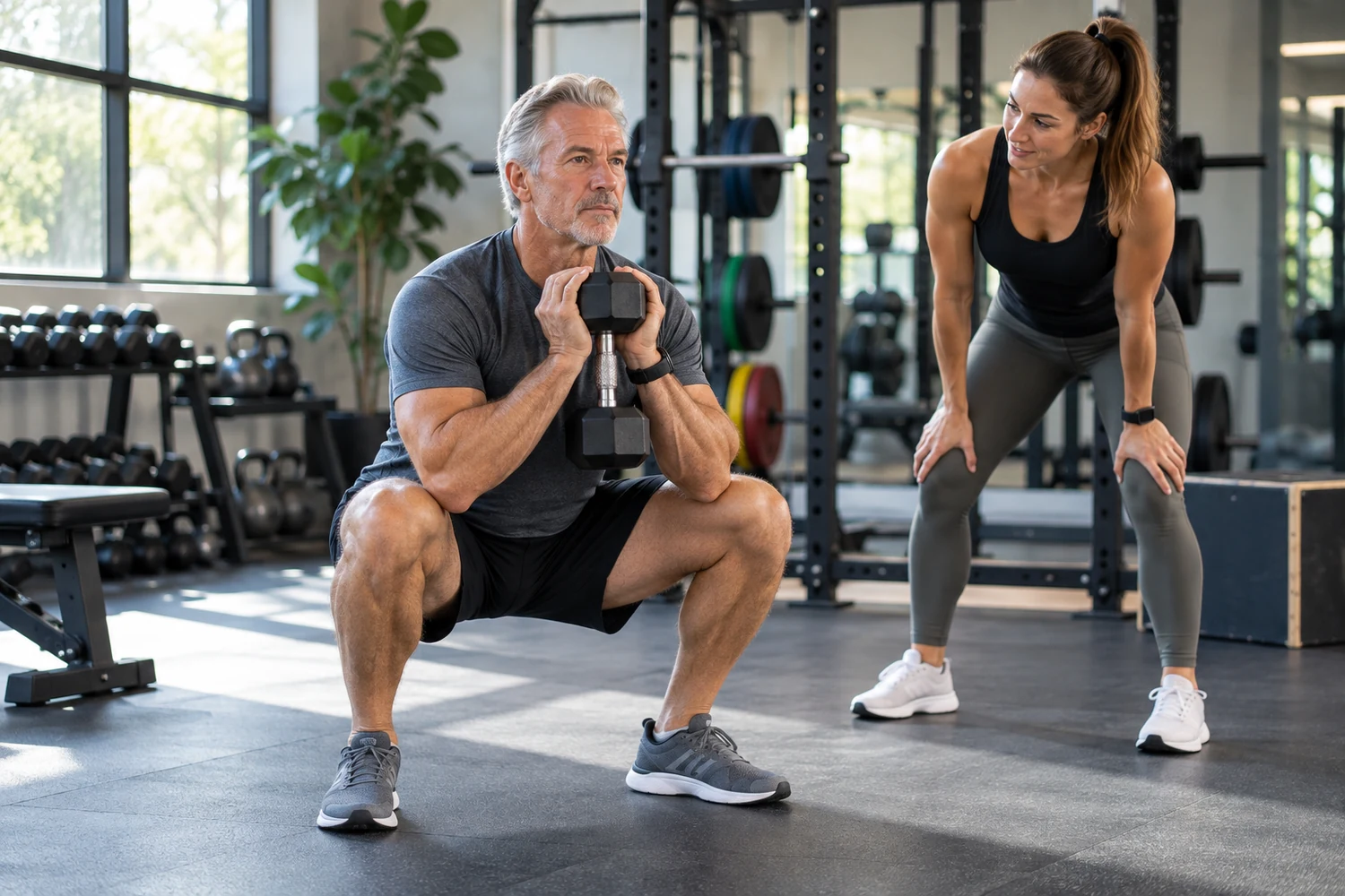 Man over 50 performing a controlled goblet squat while a trainer coaches him in a bright modern strength gym