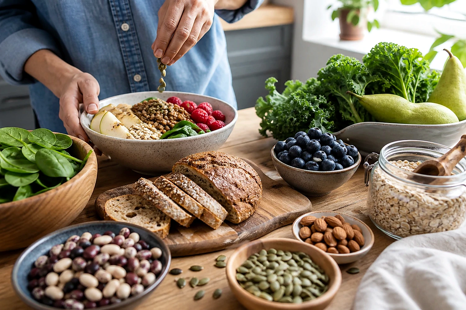 Table filled with whole grains, beans, berries, greens, nuts and other fiber-rich foods